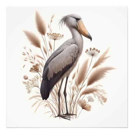 Serene Shoebill Stork in zacht licht Struik Foto Afdruk (Voorkant)