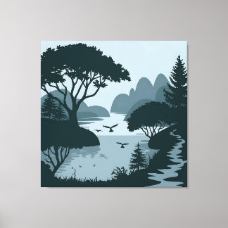 serene silhouet aan het meer canvas afdruk