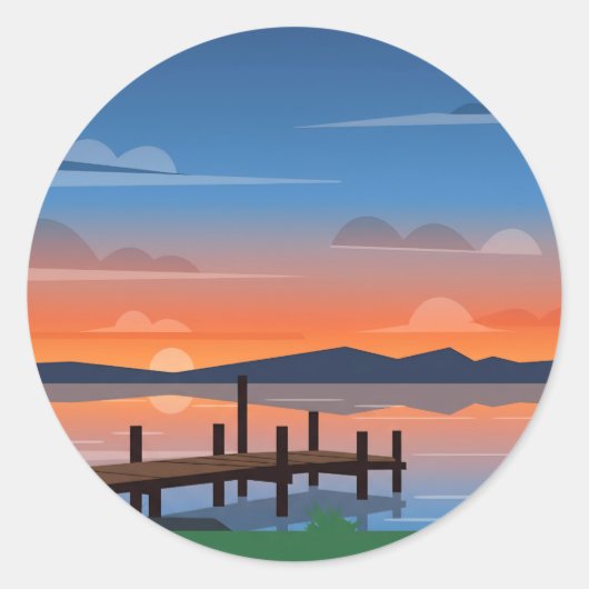 Serene sinaasappel meer zonsondergang steiger scèn ronde sticker (Voorkant)