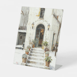 Serene Sneeuw Cottage Ingang Schilderij Winter S Reclamebord Met Voetstuk