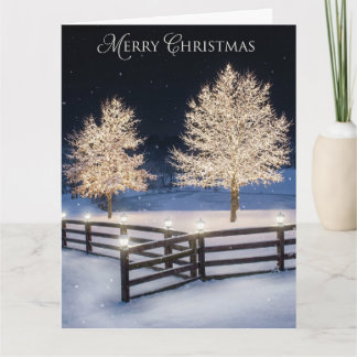 Serene snowy landscape illuminated by lit trees kaart