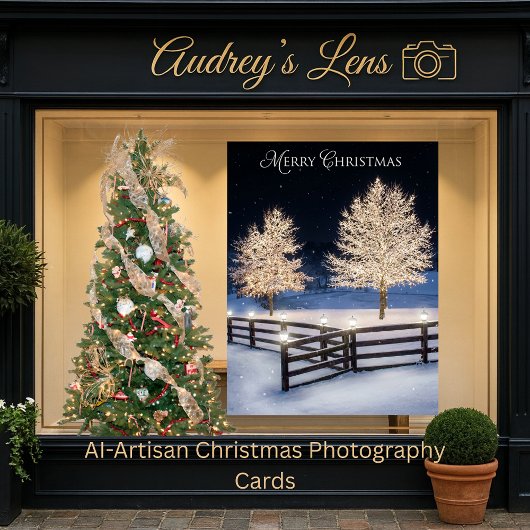 Serene snowy landscape illuminated by lit trees kaart