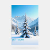 Serene Snowy Mountain Landscape & Winter Pine Tree Acryl Bord (Voorkant)