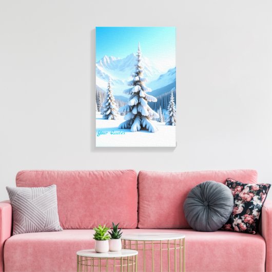 Serene Snowy Mountain Landscape & Winter Pine Tree Canvas Afdruk (Insitu (Woonkamer))