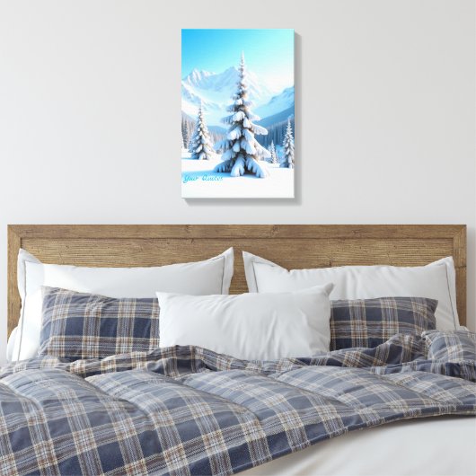 Serene Snowy Mountain Landscape & Winter Pine Tree Canvas Afdruk (Insitu (Slaapkamer))
