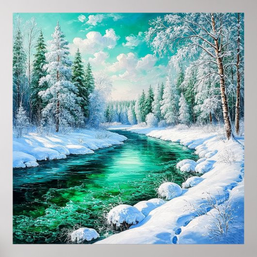 Serene Snowy Riverbank met groenblijvende bomen Poster (Voorkant)