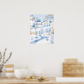 Serene Snowy Village met vloeiende stroom Poster (Keuken)