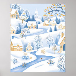Serene Snowy Village met vloeiende stroom Poster