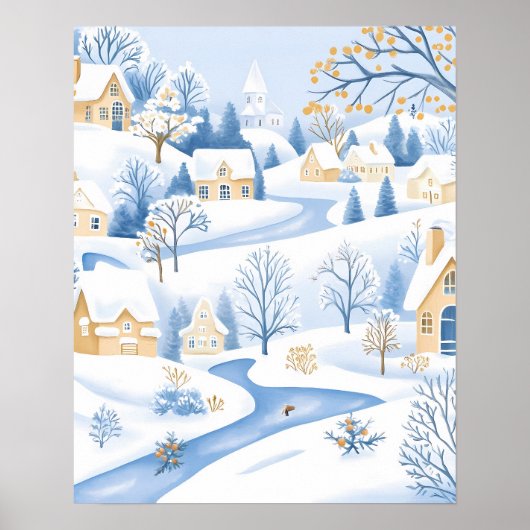 Serene Snowy Village met vloeiende stroom Poster (Voorkant)