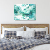 Serene Splash: Abstracte Aquarel in Tealgroen Canvas Afdruk (Insitu (Slaapkamer))