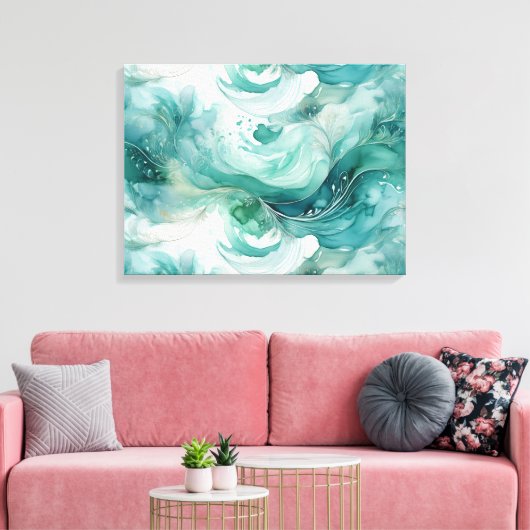 Serene Splash: Abstracte Waterverf in Blauwgroen g Canvas Afdruk (Insitu (Woonkamer))