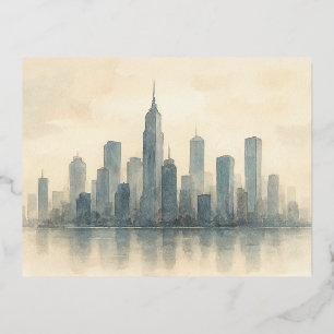 Serene Stadsgezicht Reflectieprint, Moderne Silhou Folie Feestdagen Briefkaart
