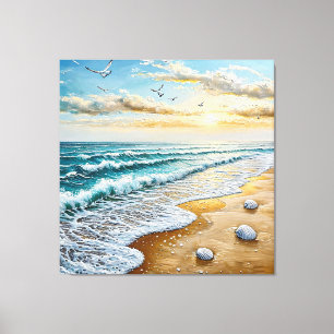 Serene strand met golven en schelpen canvas afdruk