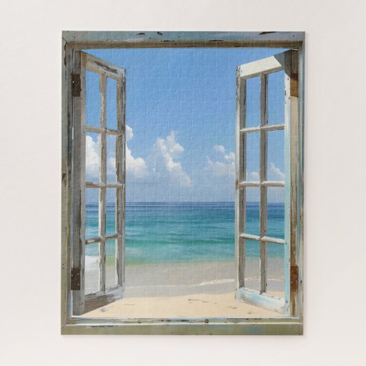Serene strand uitzicht vanuit raam legpuzzel (Verticaal)
