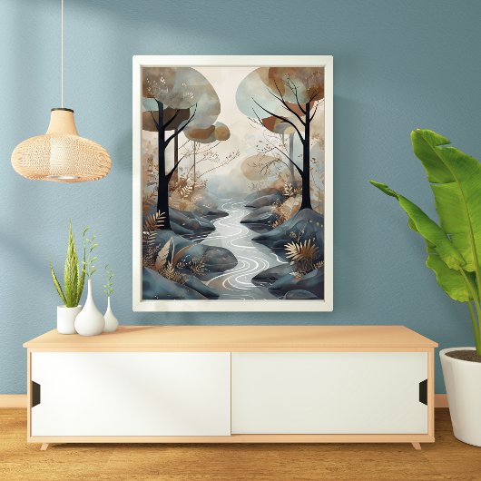 Serene Stream: een rustige bosrijke scene Poster