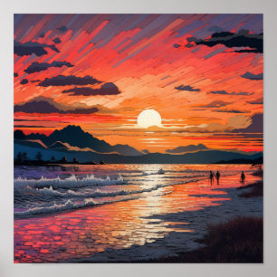 Serene Sunset Beach: Abstracte op Japans geïnspire Poster