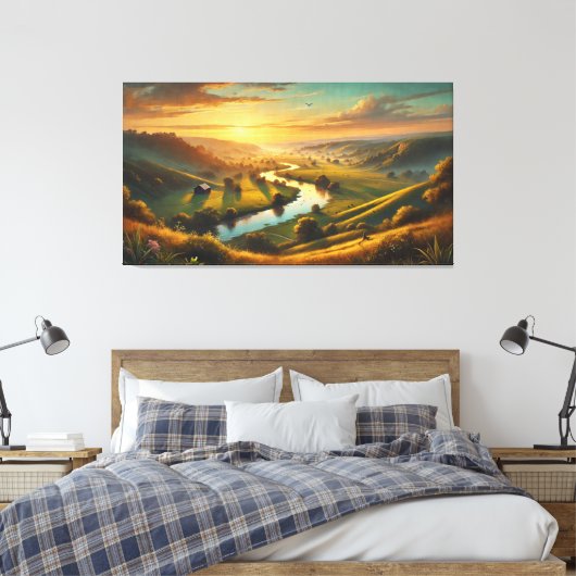 Serene Sunset Valley – rustig panoramisch Canvas Afdruk (Insitu (Slaapkamer))