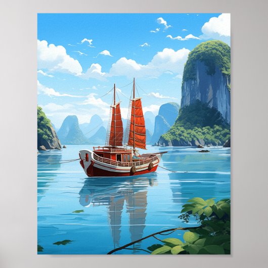 Serene traditionele jonkenboot in Vietnam's smarag Poster (Voorkant)