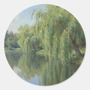 Serene treurwilg vijver landschap ronde sticker