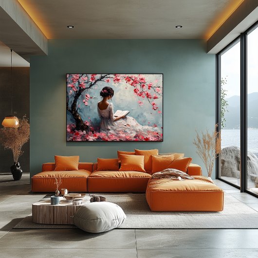 Serene vrouw die onder kersenbloesems leest poster