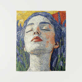 Serene Vrouw Lavendel Veld Sunset Textured Art Wandkleed