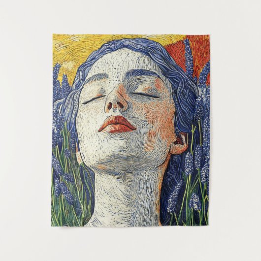 Serene Vrouw Lavendel Veld Sunset Textured Art Wandkleed (Voorkant)