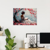 Serene vrouw leest onder kersenbloesems poster (Thuiskantoor)