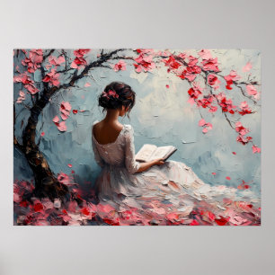 Serene vrouw leest onder kersenbloesems poster