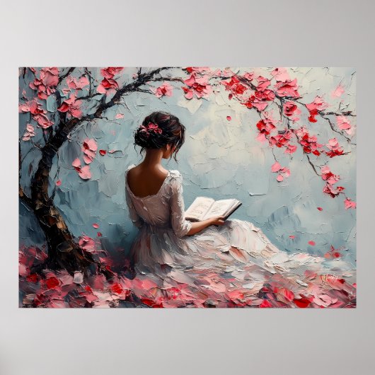 Serene vrouw leest onder kersenbloesems poster (Voorkant)