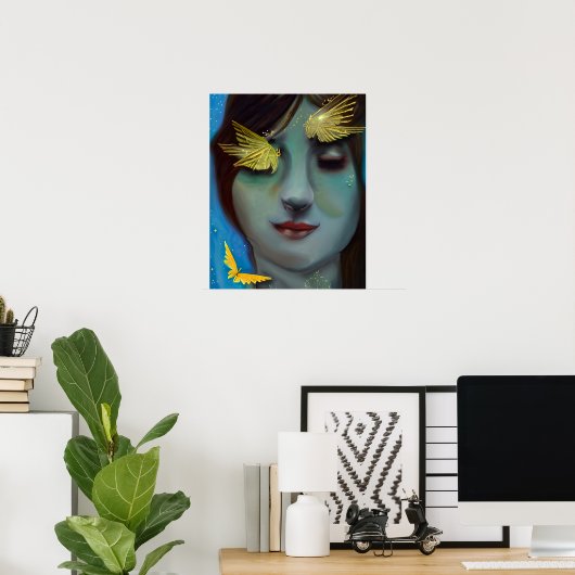 Serene Vrouw met Gouden Sprookjesachtige Vlinders Poster (Thuiskantoor)