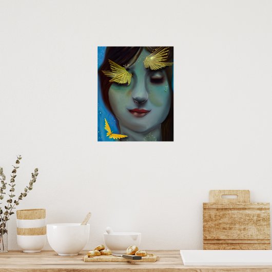 Serene Vrouw met Gouden Sprookjesachtige Vlinders Poster (Keuken)