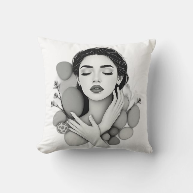 Serene vrouw met stenen en Planten Kussen (Voorkant)