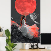 Serene vrouw op klif onder rode maan digitale kuns poster (Thuiskantoor)