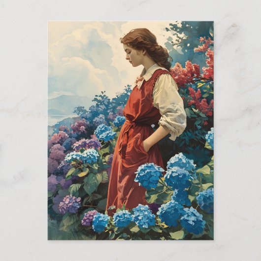 Serene Vrouw Te midden van Kleurrijke Hydrangeas Briefkaart (Voorkant)