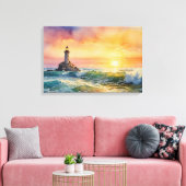 Serene vuurtoren bij zonsondergang - Ocean Wall Ar Canvas Afdruk (Insitu (Woonkamer))
