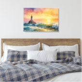 Serene vuurtoren bij zonsondergang - Ocean Wall Ar Canvas Afdruk (Insitu (Slaapkamer))
