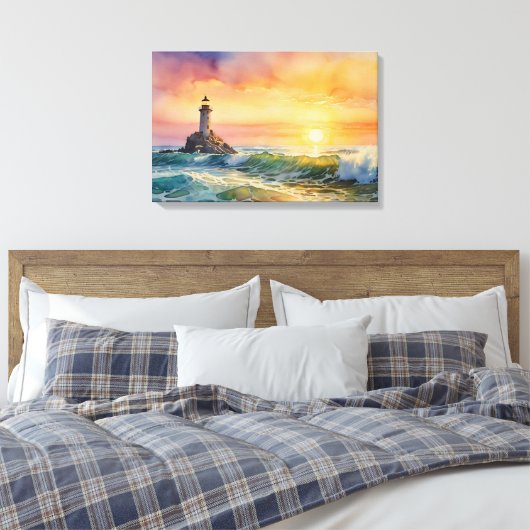 Serene vuurtoren bij zonsondergang - Ocean Wall Ar Canvas Afdruk (Insitu (Slaapkamer))