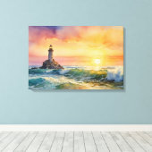 Serene vuurtoren bij zonsondergang - Ocean Wall Ar Canvas Afdruk (Insitu (Houten vloer))