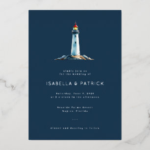 Serene Vuurtoren Illustratie in Marineblauw Folie Uitnodiging