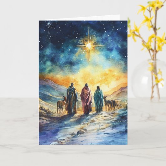 Serene watercolor kerststal met Kerstster Kaart (Gele Bloem)