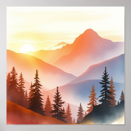 Serene Watercolor Mountain Landscape Wall Art Poster (Voorkant)
