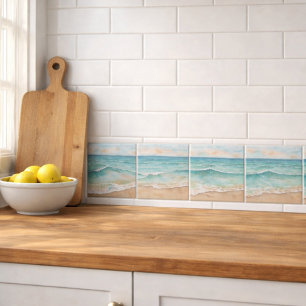 Serene Watercolor Strandgolven - Oceaan Vibes Tegeltje