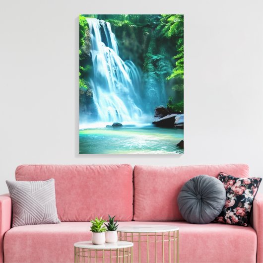 Serene Waterfall in Bleek Blue en Green Canvas Afdruk (Insitu (Woonkamer))