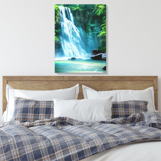 Serene Waterfall in Bleek Blue en Green Canvas Afdruk (Insitu (Slaapkamer))