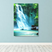 Serene Waterfall in Bleek Blue en Green Canvas Afdruk (Insitu (Houten vloer))