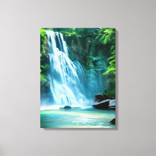 Serene Waterfall in Bleek Blue en Green Canvas Afdruk