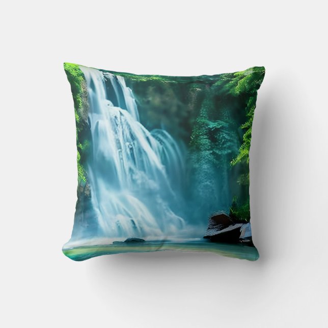 Serene Waterfall in Bleek Blue en Green Kussen (Voorkant)