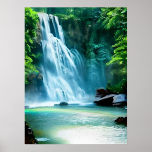 Serene Waterfall in Bleek Blue en Green Poster