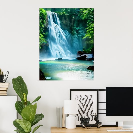 Serene Waterfall in Bleek Blue en Green Poster (Thuiskantoor)