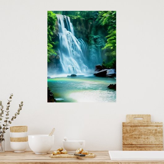 Serene Waterfall in Bleek Blue en Green Poster (Keuken)